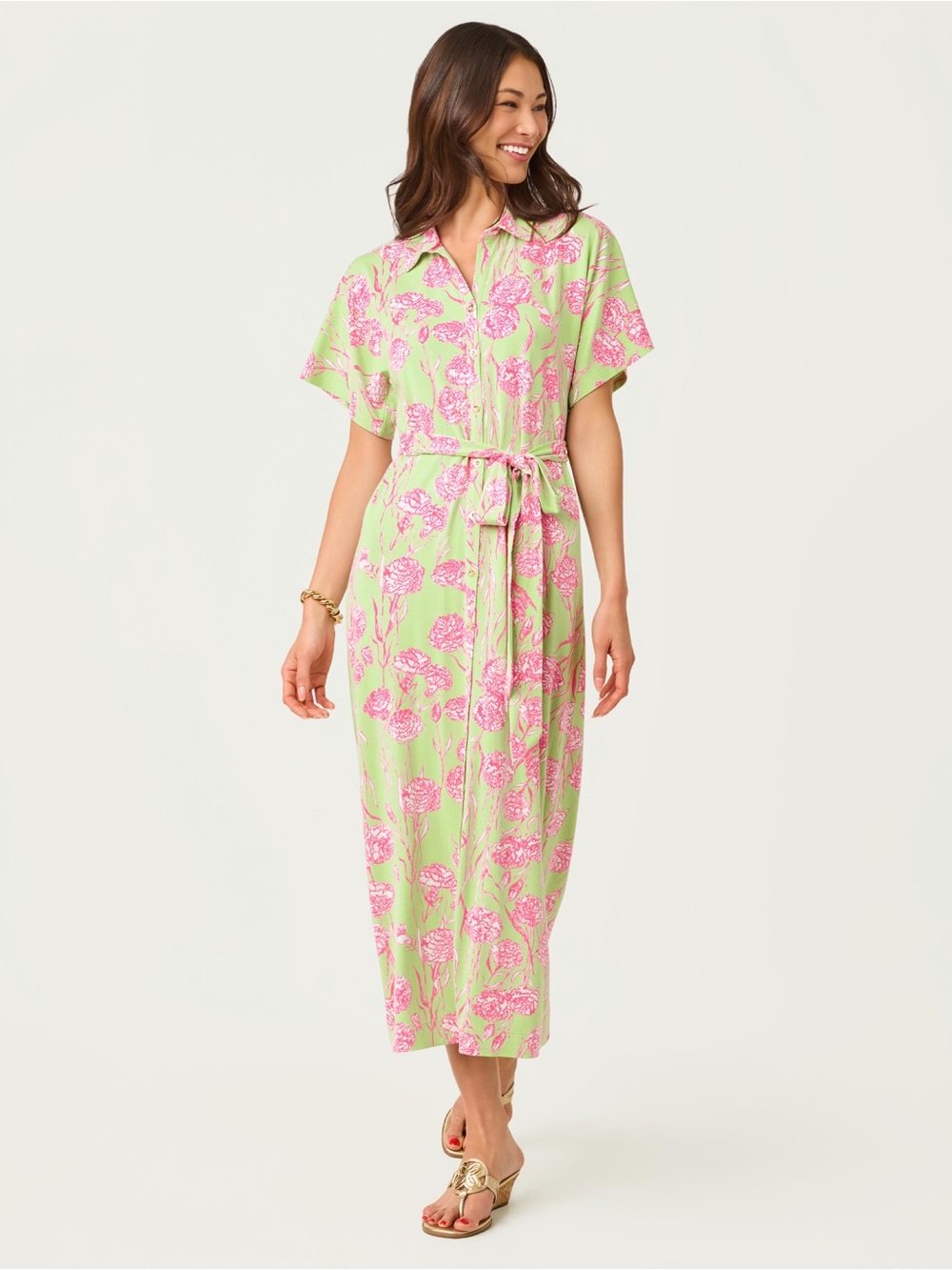 Lilly Pulitzer Mint Green Maxi Shirt Dress with Pink Floral Print